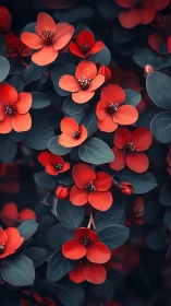 Red flowers blooming with dark foliage backdrop.