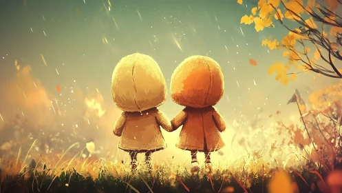 Two Figures in Autumn Rain: Rendered Digital Illustration of Childhood Companionship.