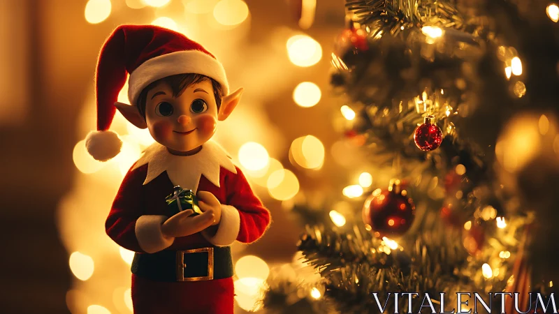 Smiling Christmas elf doll glows beside sparkling tree lights.