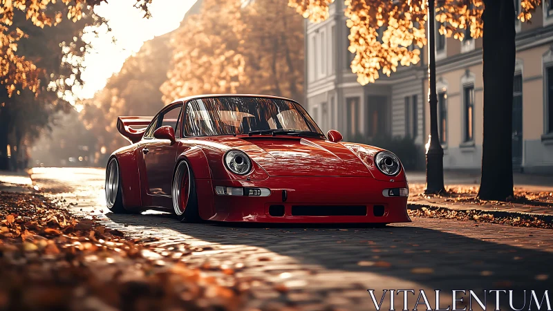 Crimson street racer resting beneath golden autumn canopies.