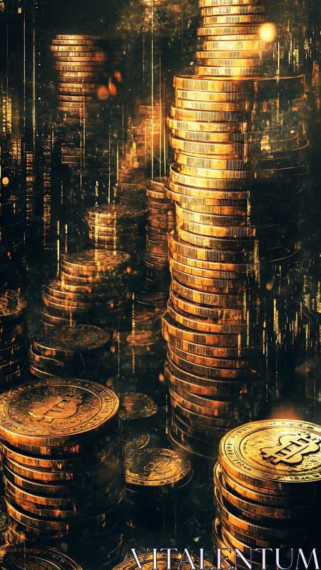 Stacked bitcoin coin columns in dense vertical arrangement.