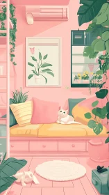 Pastel cat lounge within lush indoor jungle interior