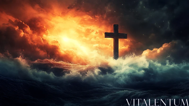 Storm-tossed sea crowns a lone cross in molten skyfire glow