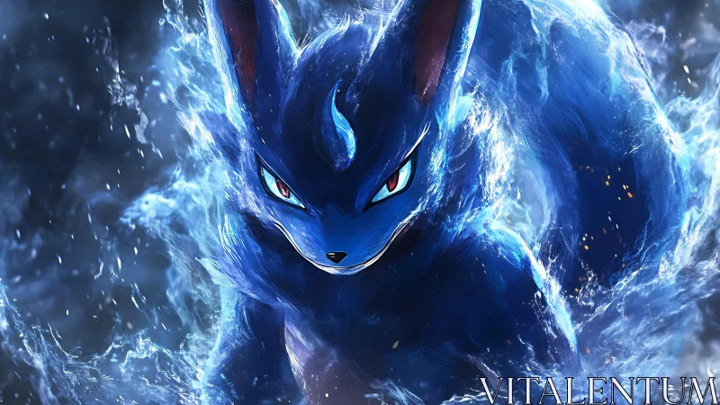 Blue foxlike combat creature surrounded by swirling water.