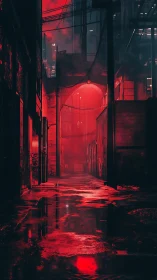 Crimson rain-slick alleyway beneath neon-choked towers.