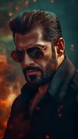 Portrait shows bearded man in sunglasses against smoky background