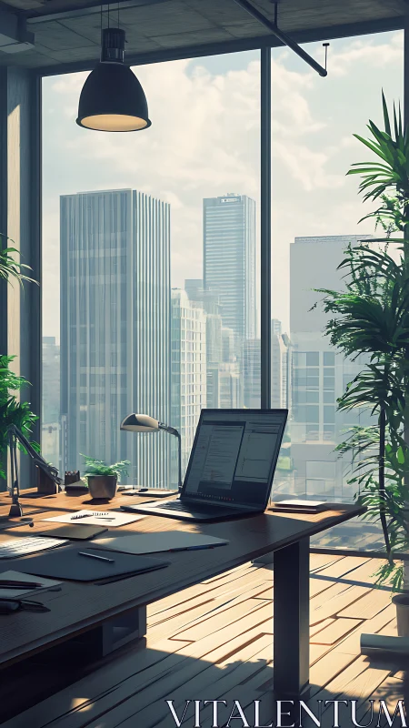 Modern Office Workspace. High-Rise Cityscape View.