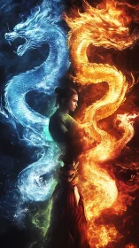 Twin elemental dragons circling a resolute flame-tamer.