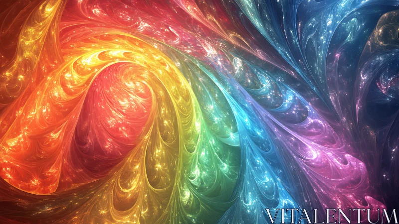 Swirling rainbow fractal shapes form luminous curved patterns