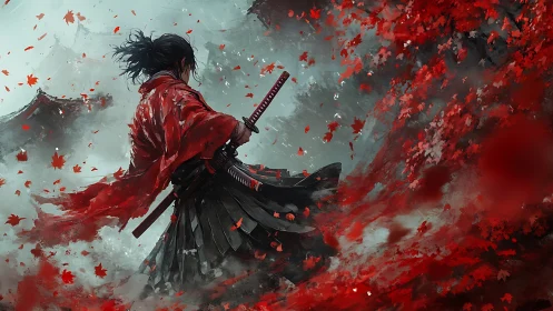 Lone samurai stands amid storm of red autumn leaves
