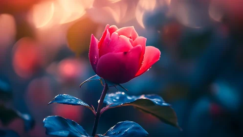 Red Rose Glowing Against Bokeh Background.