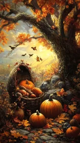 Autumnal pumpkin still life beneath luminous amber canopy.