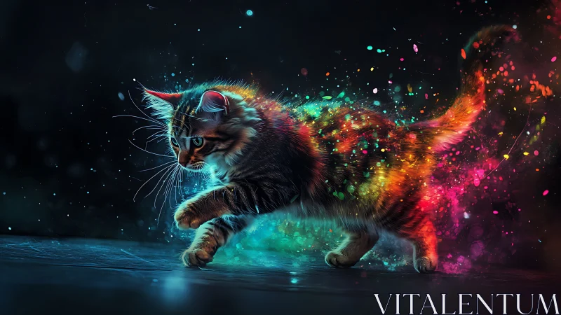 Neon Cat Explosion: Luminous Particle Burst in Cosmic Space
