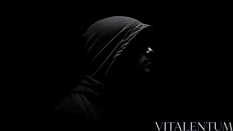 Hooded silhouette emerges from deep shadows in profile view.