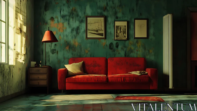 Vintage teal lounge with red sofa under moody side light.