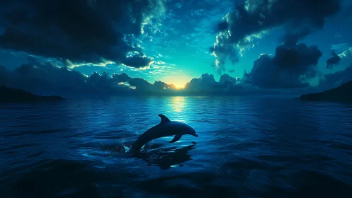 Dolphin leaping in glowing blue ocean at sunset
