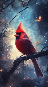 Crimson cardinal glows in twilight forest with drifting sparks.