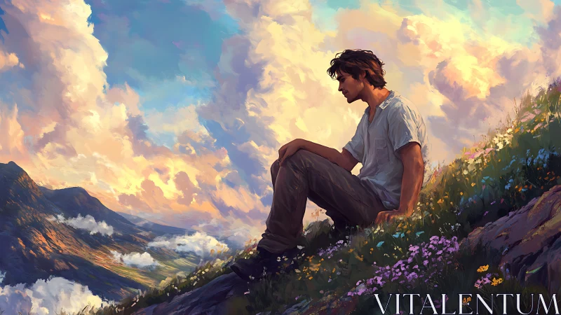 Solitary man contemplates valley beneath luminous evening clouds