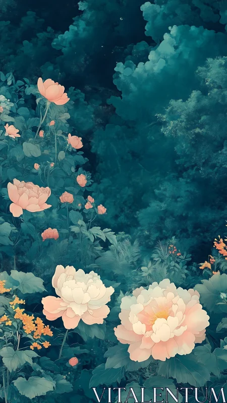 Ethereal Peonies Bloom in Deep Teal Garden Mist