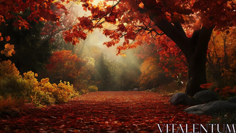 Crimson leafway under spellbound autumn sunlight.
