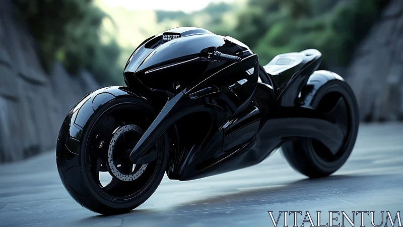 Photorealistic stealth motorcycle with streamlined monocoque form.