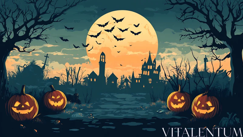 Digital Halloween landscape with jack-o’-lantern foreground symmetry.