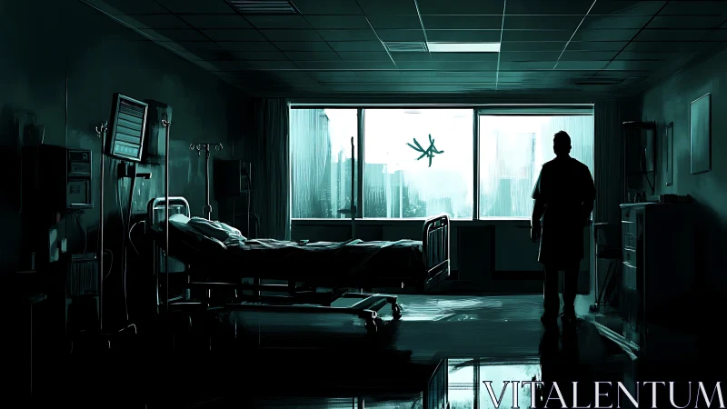 Quiet hospital room welcomes a lone figure in soft light