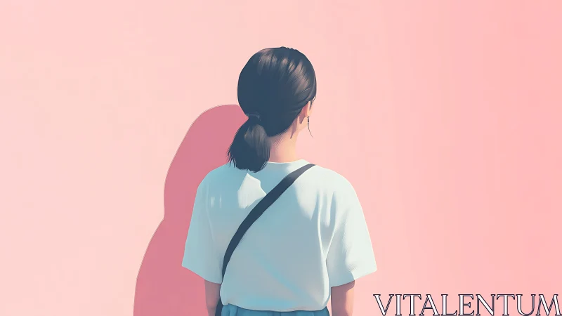 Woman Facing Pink Wall in Minimalist Digital Art Style.