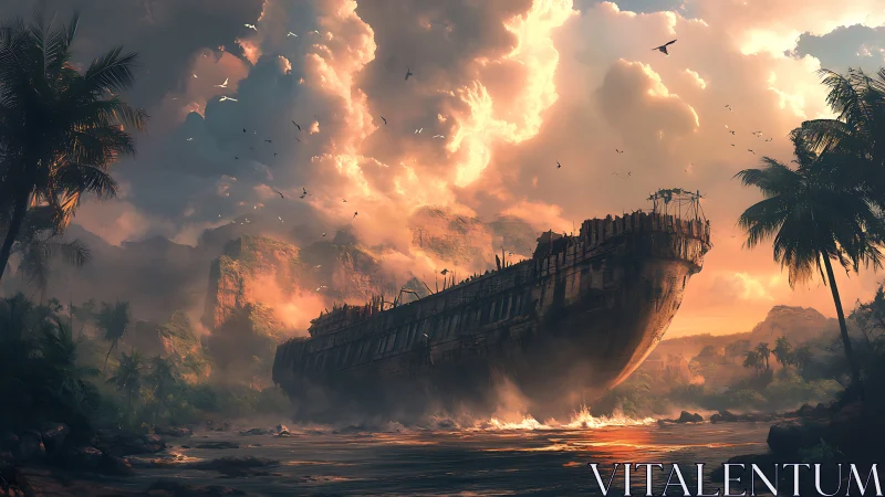 Massive derelict ship grounded in tropical river canyon at dusk