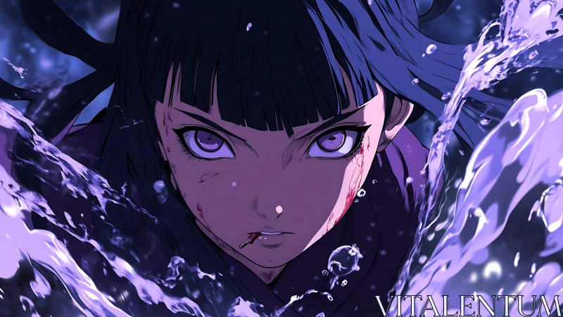 Fierce anime heroine rises through swirling violet water with will