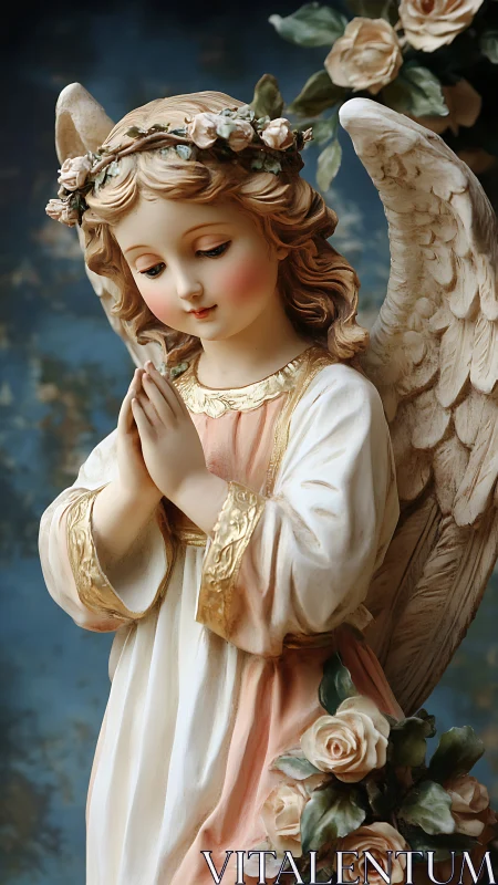 Praying angel statue with floral crown and soft pastels.