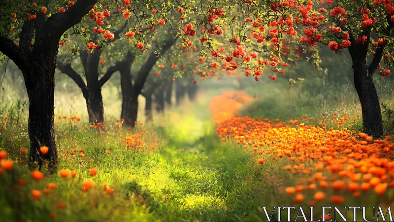 Orchard trees with orange blossoms bordering grassy path.