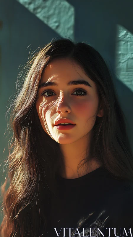 Sunlit portrait of young woman in dramatic shadows.