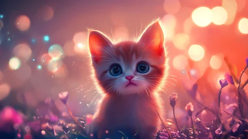Ethereal Kitten Portrait with Luminous Bokeh Background and Floral Setting