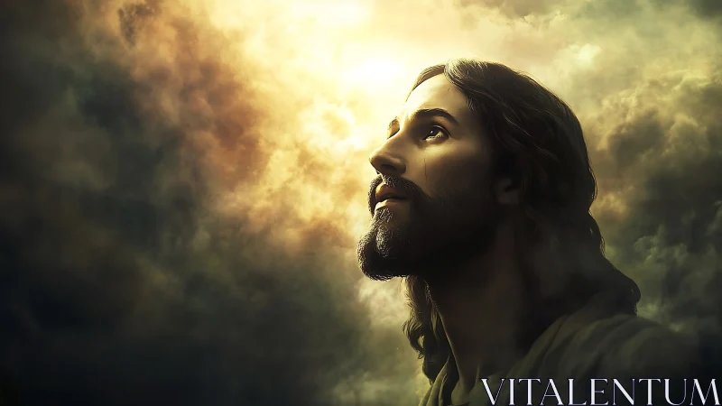 Bearded man gazing upward amid dramatic luminous clouds.