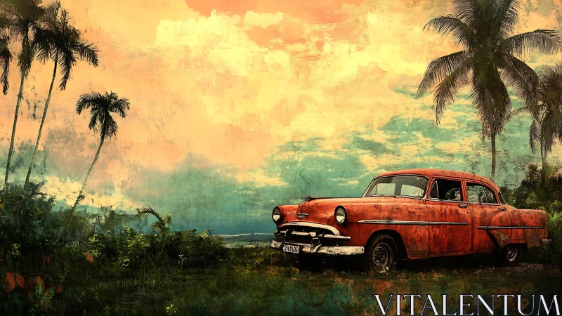 Rust-red classic sedan under tropical palms at sunset.