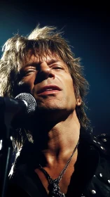Male vocalist in close-up stage performance portrait.