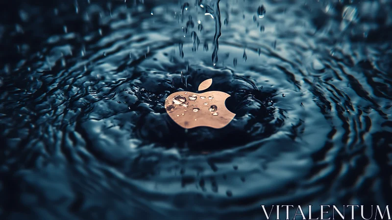 Metallic apple-shaped emblem in rippling water surface.