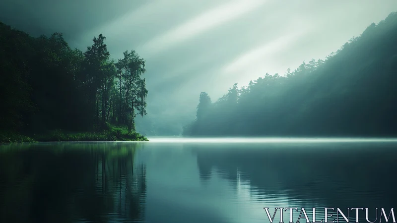 Gentle mist over quiet forest lake at first light.