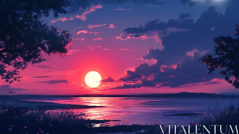 Dreamy lakeside sunset wrapped in violet twilight glow.