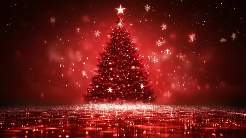 Glowing red Christmas tree wrapped in gentle holiday sparkle.