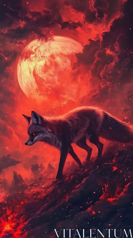 Dark fox walks across burning slope under red full moon.