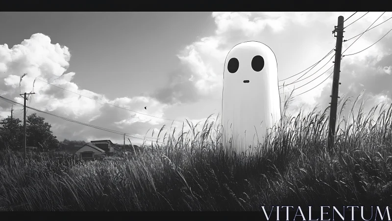 Monochrome rural field with towering minimalist ghost figure