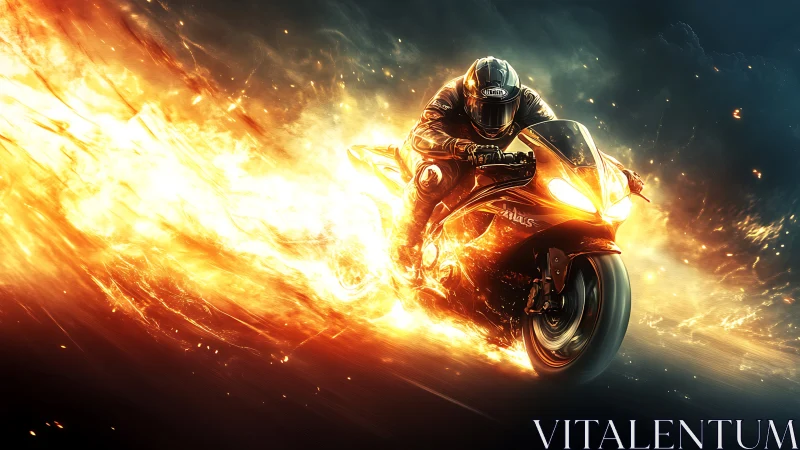 Motorcycle racer cuts through night in blazing fire trail.