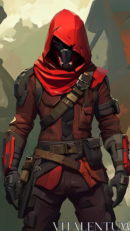 Hooded sci fi operative in red tactical armor with stylized cel shading