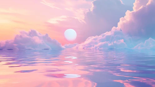 Dreamy pastel sunrise drifting over calm, reflective sea.