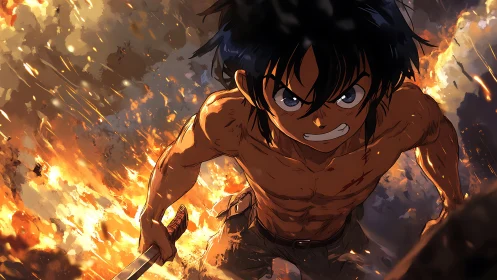 Bare-chested anime warrior charges through blazing battlefield.