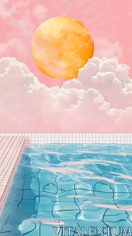 Surreal pastel pool under oversized golden sun sphere.