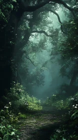 Dense forest pathway with atmospheric light diffusion through canopy
