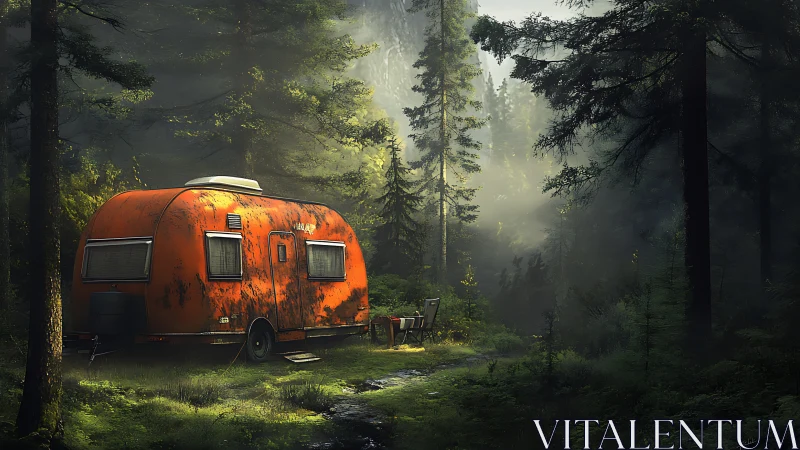 Vintage Airstream Trailer Nestled in Misty Forest with Atmospheric Light